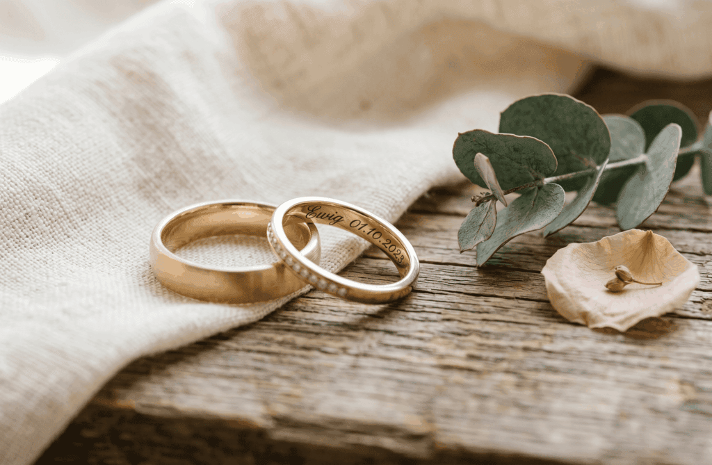 Zwei goldene Eheringe liegen auf einem Holztablett neben Eukalyptusblättern und einer Blüte, symbolisieren Liebe und Partnerschaft. Perfekt für Hochzeits- oder Verlobungsbilder.